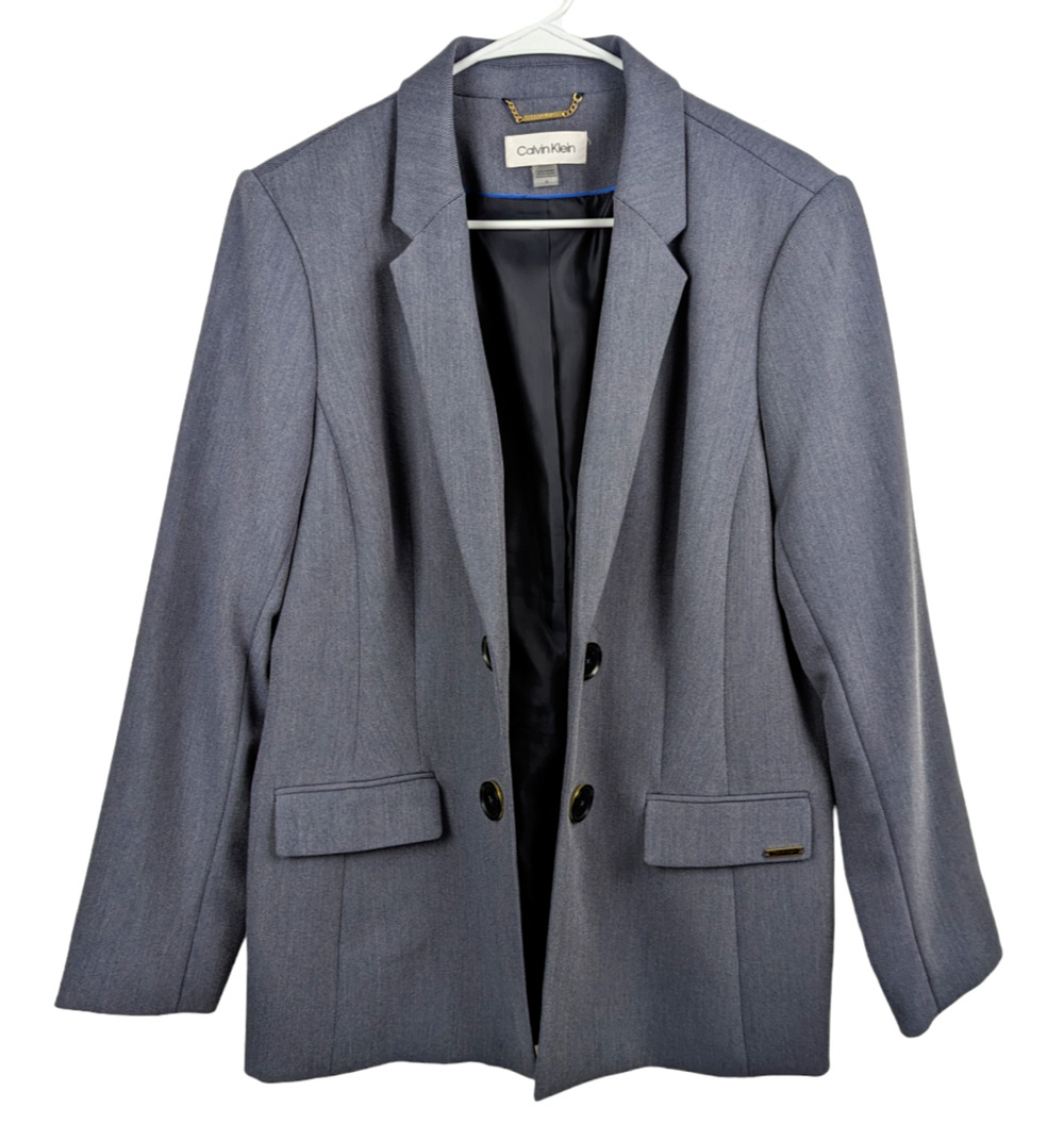 Calvin Klein Womens Blue Open Front Blazer Button Detail Size 14